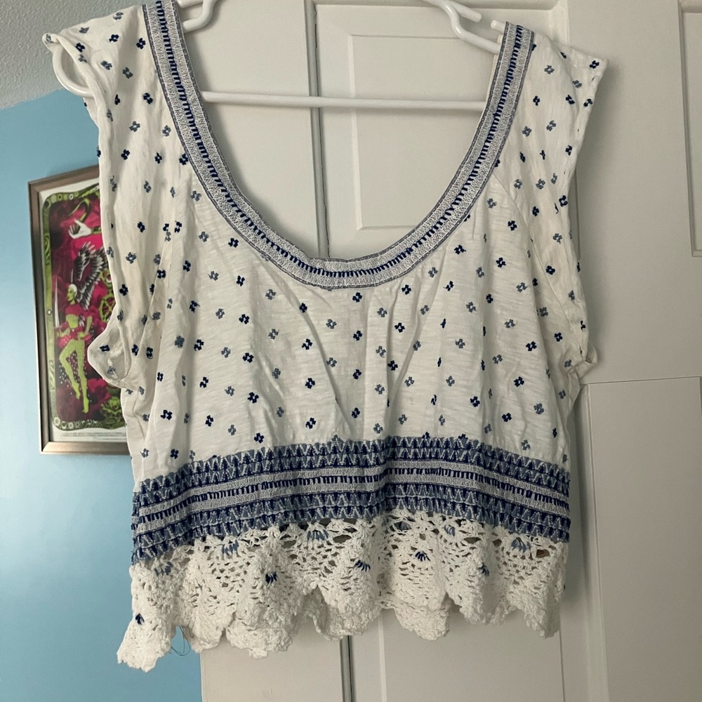 Free People White Crop Top with Navy Embroidery and Crochet Hem